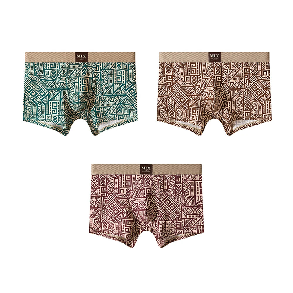 3PCS/Pack Soft 100% Cotton Vintage Print Men's Underpants Breathable Comfort Mesh Crotch Boxer Men High Elastic Waist Panties