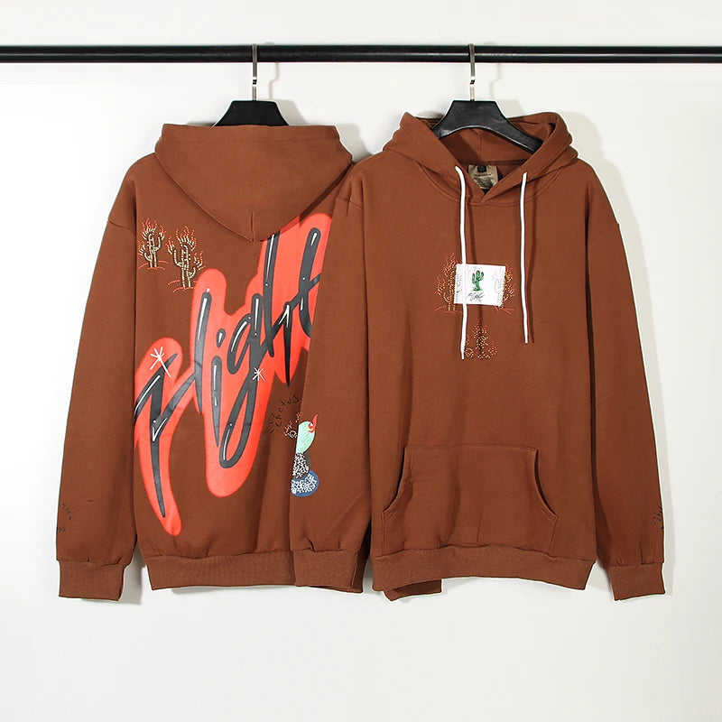 Cactus Jack Letter Brown Fleece Hooded Sweatshirts for Men High Street Baggy Casual Hoodies Unisex Oversized Pullover Hoody - ATFH