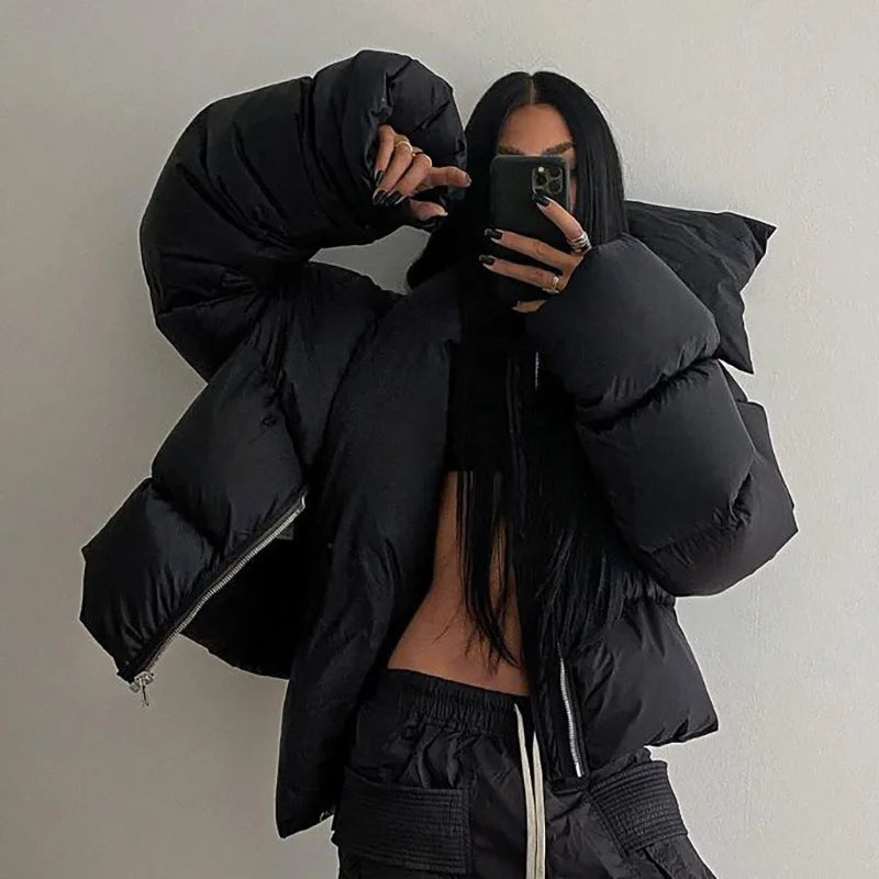 Women's Winter Autumn Tops Coat Splicing Cotton Clothes Press Button Neck Warm Pure Color Simple Loose Design High New Versatile ATFH