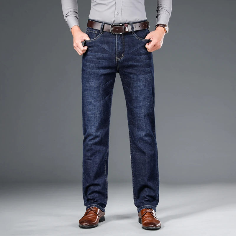 SHAN BAO 2022 autumn spring fitted straight stretch denim jeans classic style badge youth men's business casual jeans trousers ATFH
