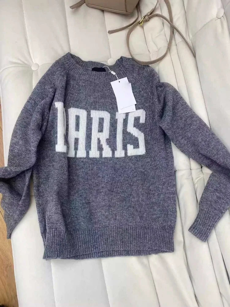 Paris Intarsia-Knit Sweater Pullover Gray Winter Clothes new Designer Fashion Pullovers Sweater streetwear winter women tops - ATFH