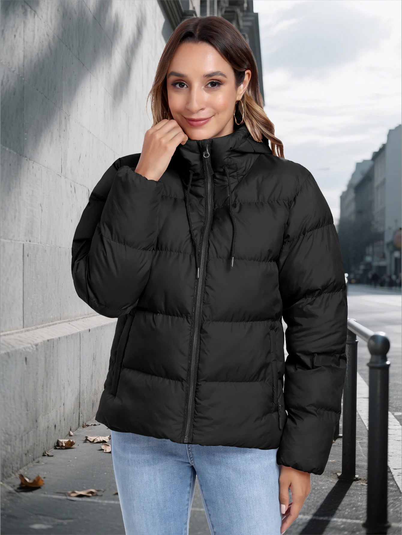 Women Lightweight Jacket Hooded Coat Zipper Pocket Fashion Casual Warm Coat with a Hat Autumn Winter Coat