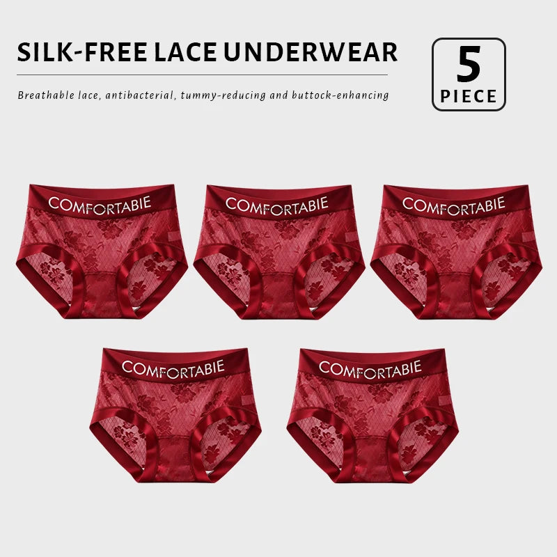 FallSweet 5PCS Ultra-Thin Lace Panties for Women Floral Mid-Rise Transparent Briefs Seamless Underpants Lingerie Calzones Mujer