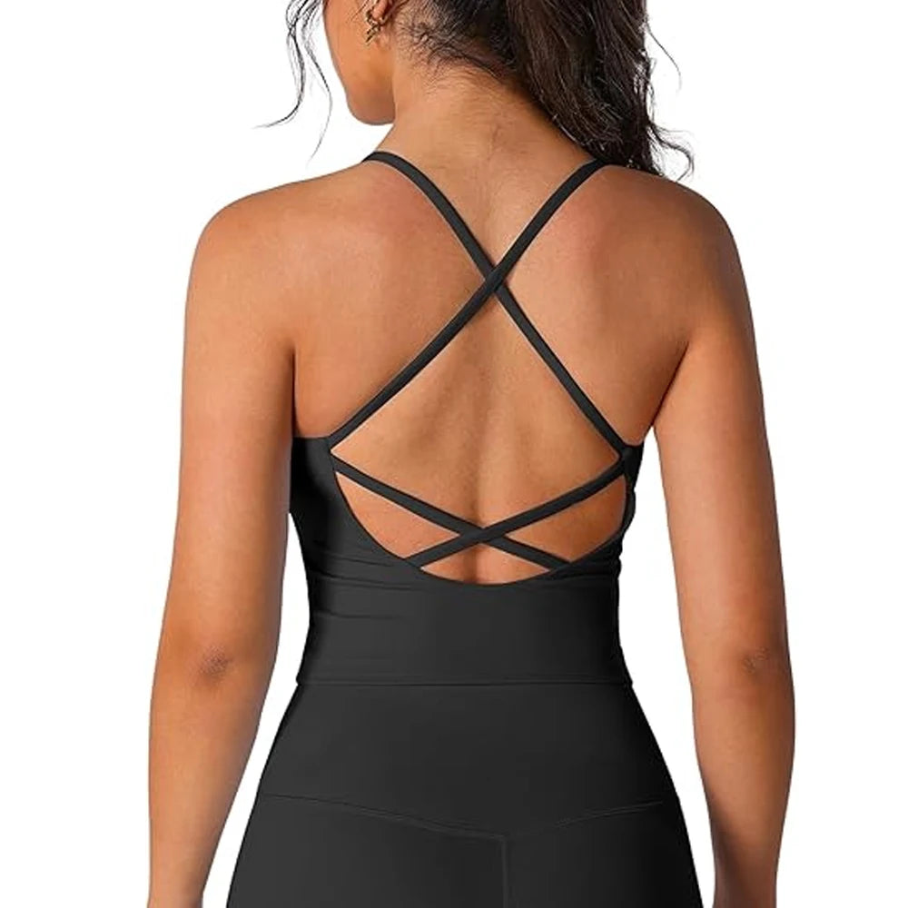Womens Longline Sports Bras V Neck Criss Cross Back Gym Yoga Padded Workout Crop Tank Top with Built in Bra - ATFH