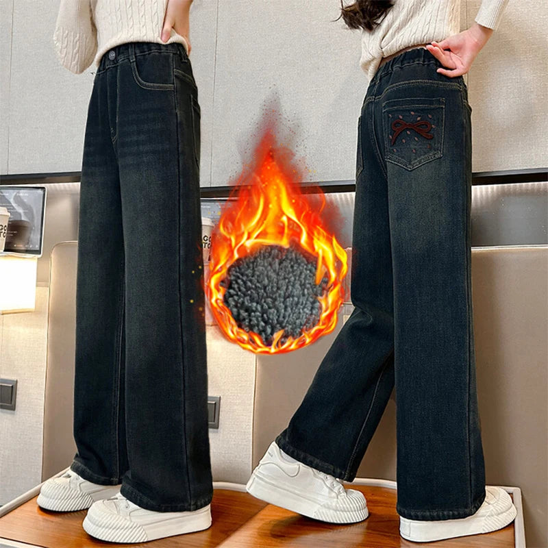 Girls Autumn Winter Plush Warm Denim Straight-leg Pants 5-14 Years Kids Fashion Bowknot Embroidery Jeans Casual Loose Sweatpants ATFH