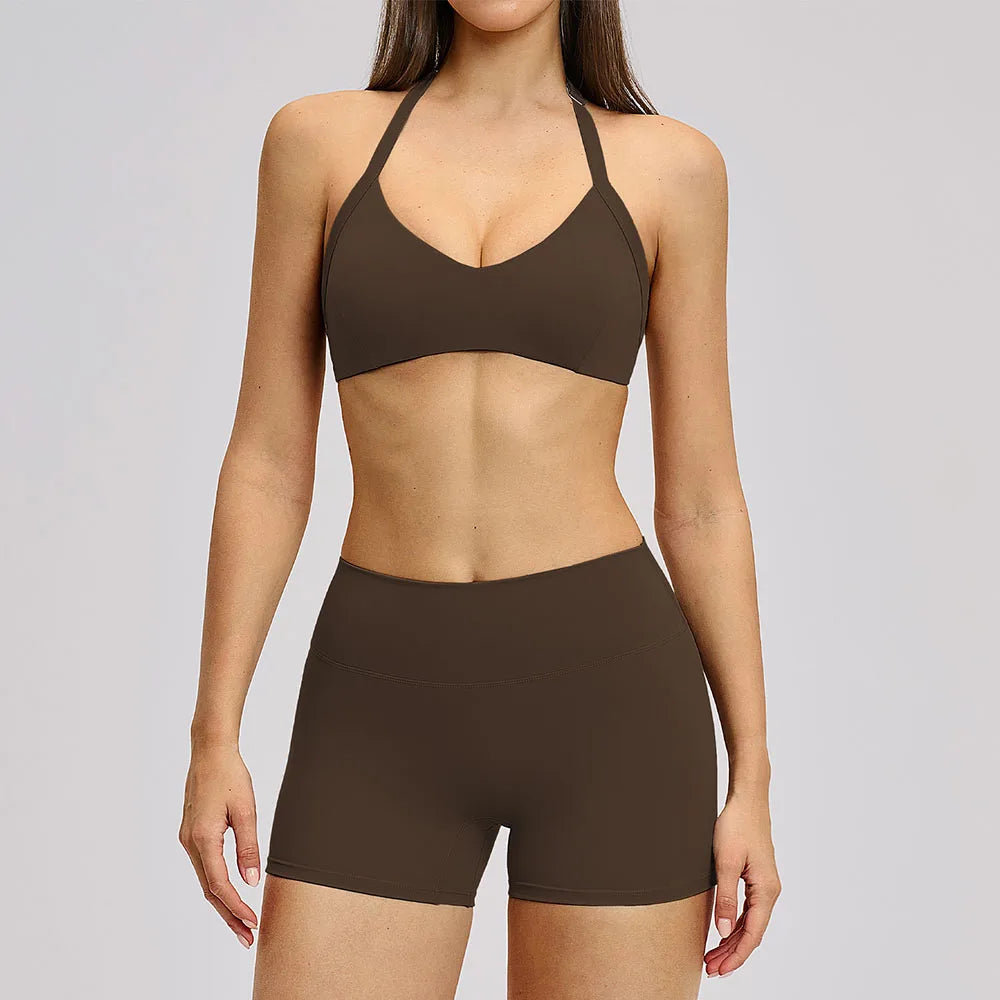 Women's Yoga Suit Breathable Quick-drying Gym Push Up Sports Set Shockproof Bra Hip Litting Leggings Shorts 2-piece Sports Set - ATFH