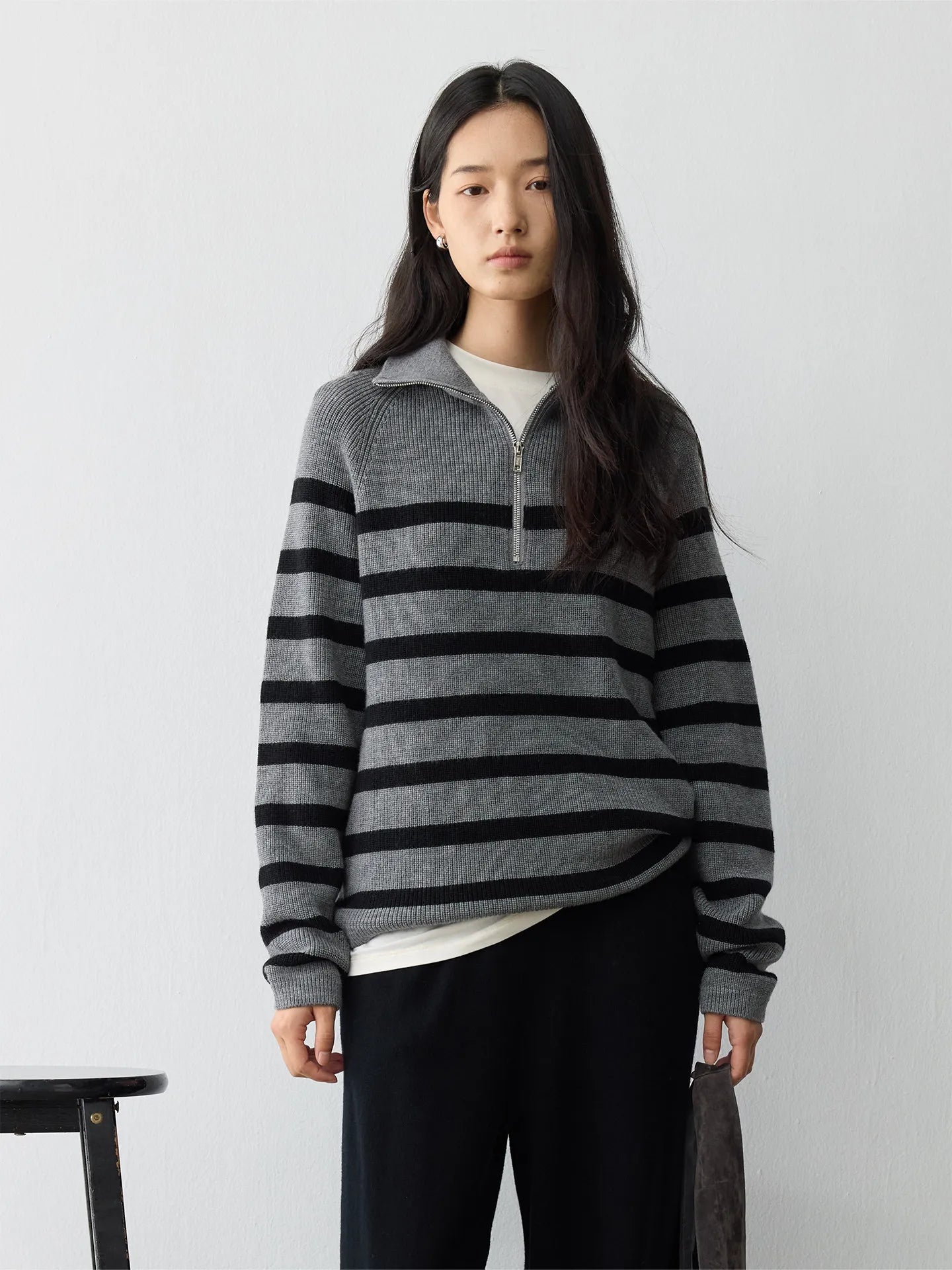 Heavy German BY worsted wool, classic contrasting stripes loose lapel half zip knitted sweater - ATFH