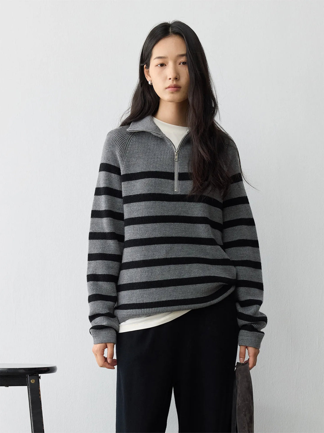 Heavy German BY worsted wool, classic contrasting stripes loose lapel half zip knitted sweater - ATFH