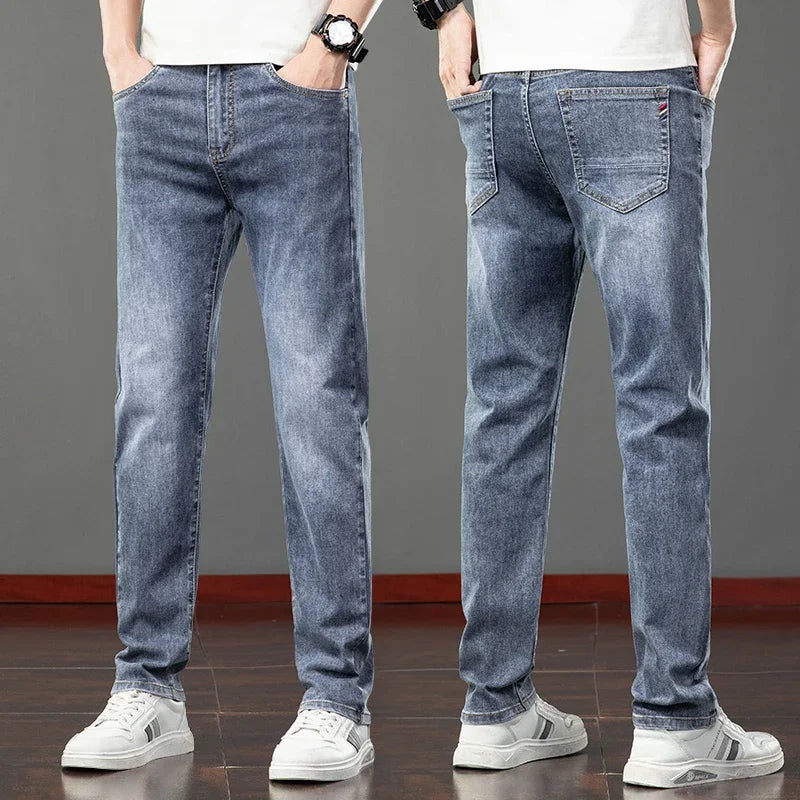 2026 Summer Men's Jeans Slim Fit Jeans Thin Stretch Straight Light Business Casual Denim Long Pants Male Classic Style Brand ATFH