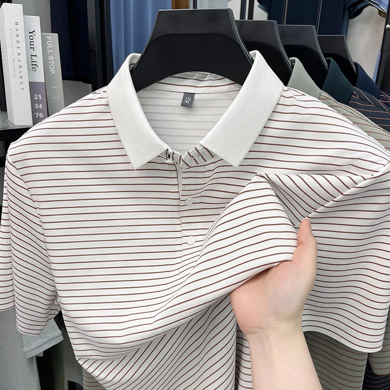 High quality brand ice silk short sleeve polo shirt summer trend striped design men's T-shirt new breathable business casual top