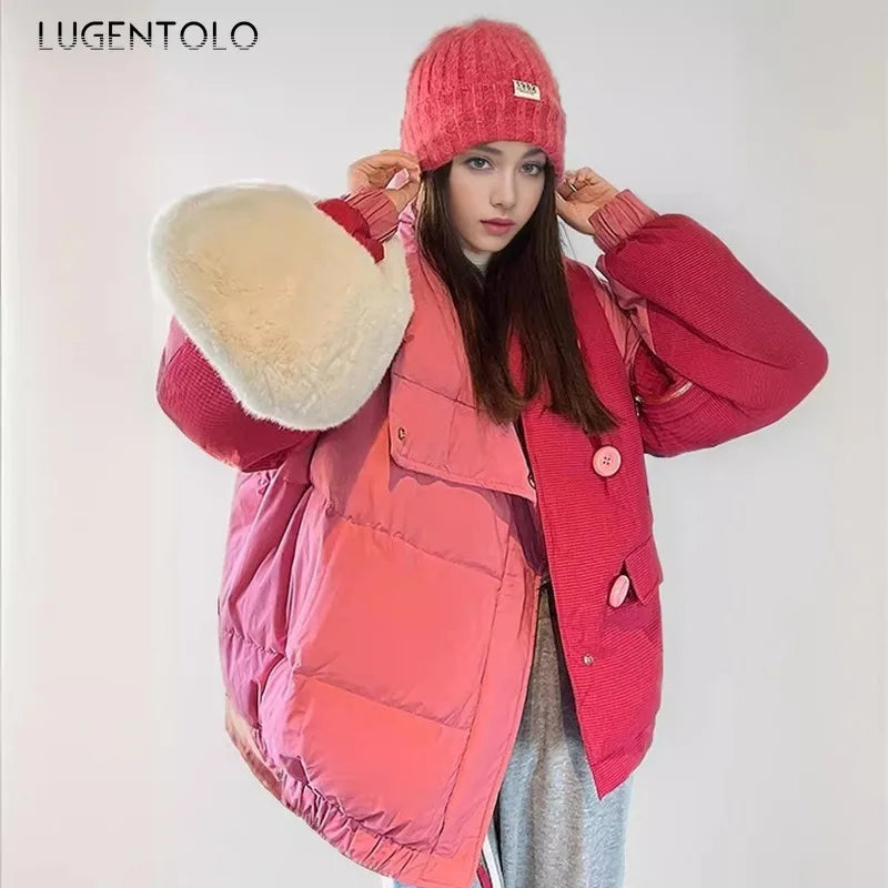 Women Y2k Parkas 2025 Contrast Color Thick Warm Down Cotton Bread Jacket Fashion Single Breasted Versatile Christmas Party Wear