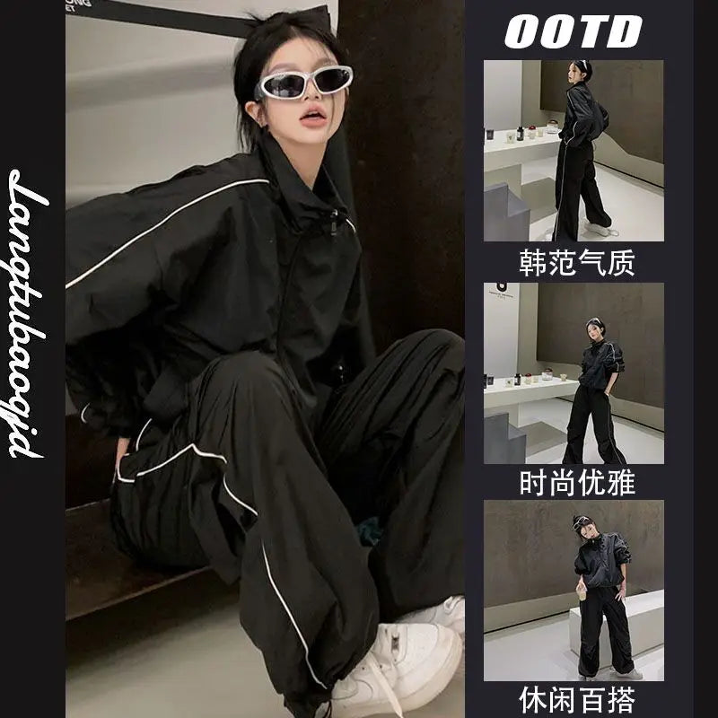 Black Tracksuit Sets Women Spring Autumn Casual Loose Black Sports Suit Female Zipper Jacket + Wide Leg Pants Two-piece Outfits
