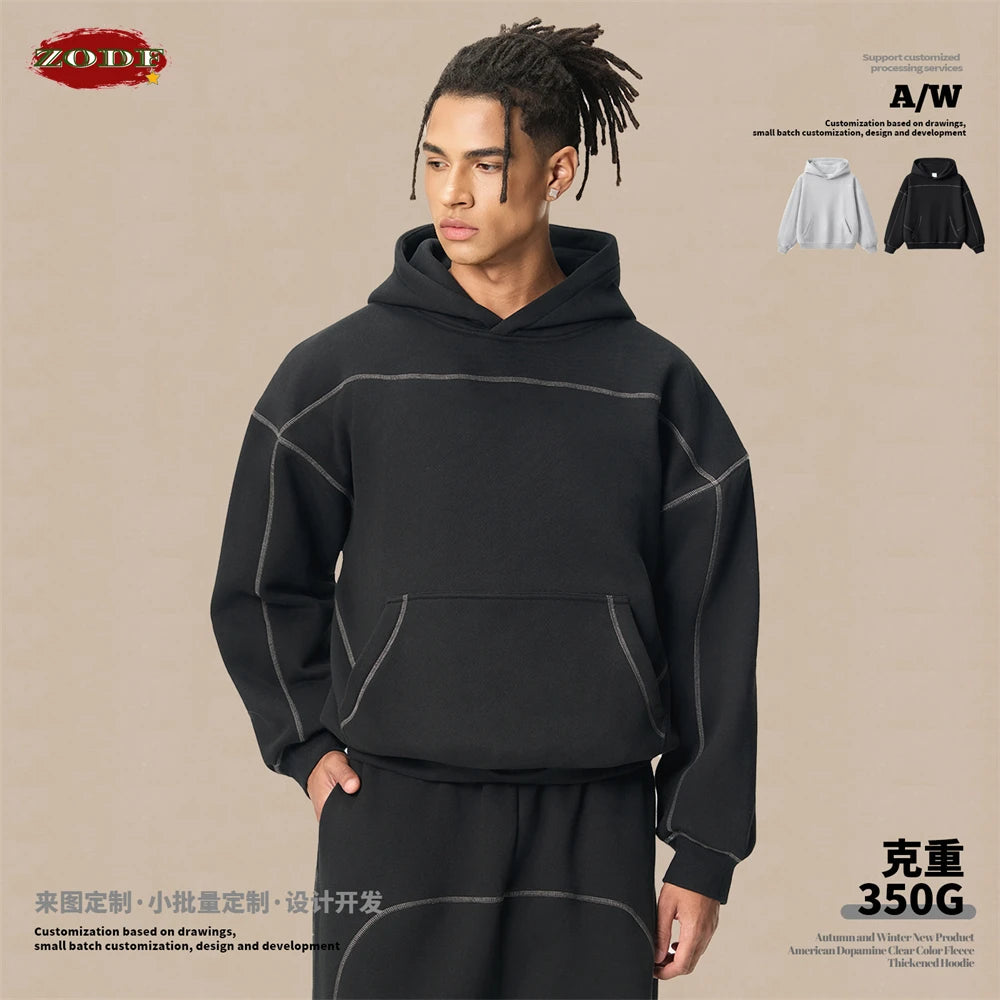 ZODF Trendy Men 350gsm Fleece Loose Boxy Fit Hooded Hoodie Unisex Hip Hop Solid Warm Pullovers Coat For Winter HY0032 - ATFH