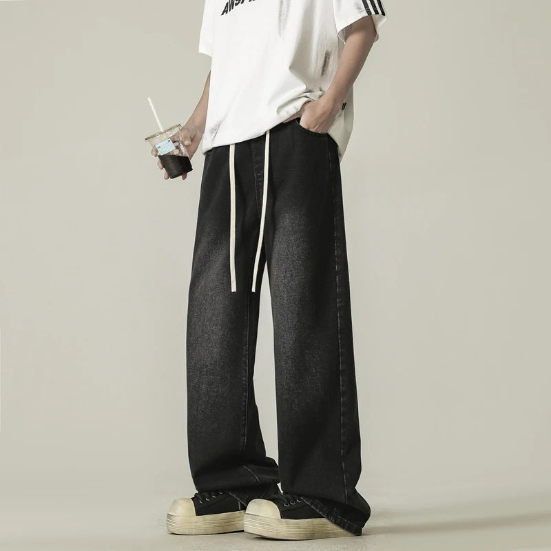 full length men's oversize y2k black big boys jeans for man washed straight leg casual loose wide baggy pants Men trousers denim ATFH