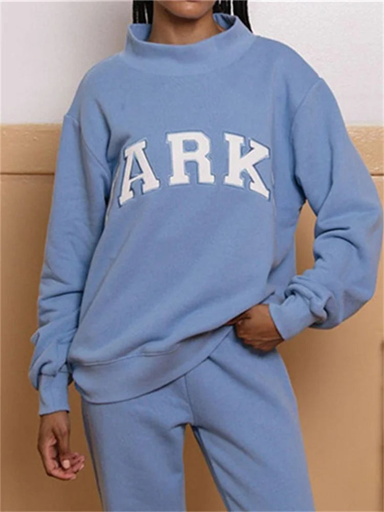Letters Patch Embroidery Women Blue Sweatshirts Long Sleeve Vintage Female Stand Collar Pullover Casual Ladies Sports Top - ATFH