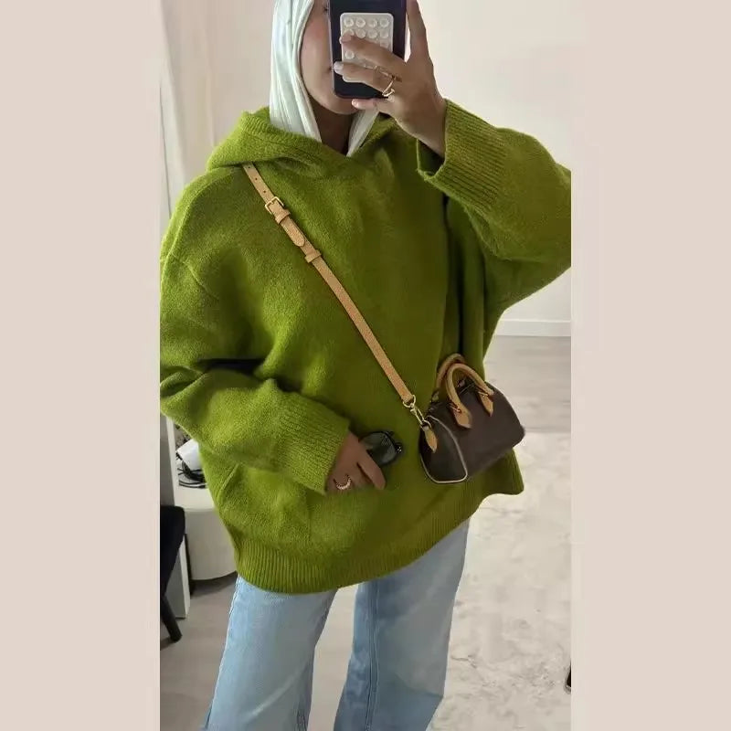 Casual Hooded Knitted Women's Sweater Solid Color Loose Full Sleeve Pocket Lady Pullover 2025 Autumn Winter New Female Top - ATFH