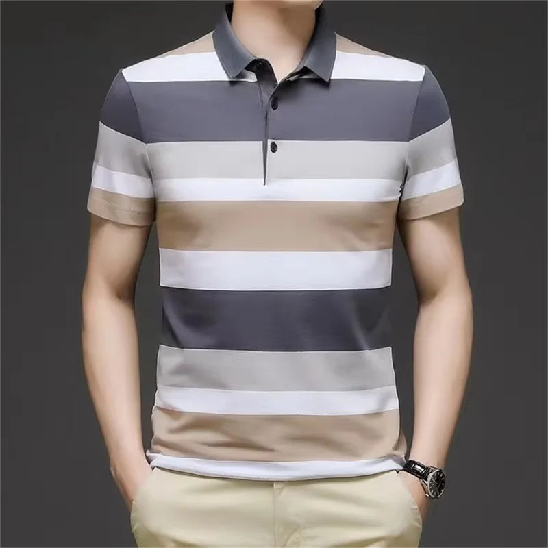 Men's Stripped Pattern Polo Shirt Summer Casual Short Sleeve Button Golf T Shirt Clothes Men's Oversized Polo Shirts Tops
