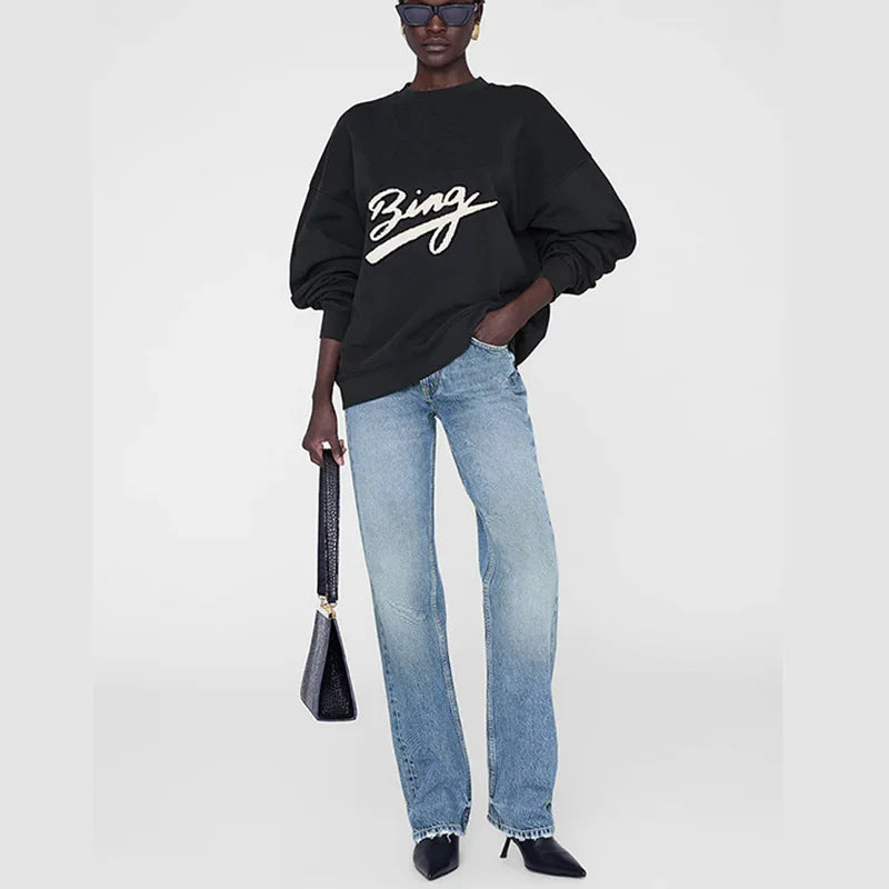 Winter new North American niche AB art word hand cranked special embroidery fleece round neck women's sweatshirt - ATFH