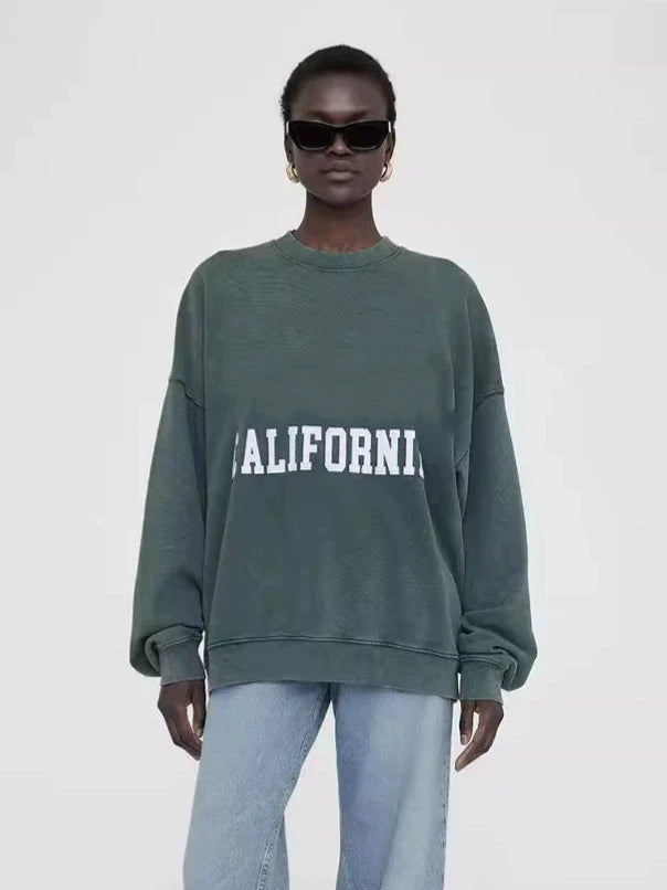 Grey Classic Letter Patch Embroidered Sweatshirt Women Soft Fleece Lining Crew Neck Long Sleeve Sweatshirts Female Autumn Winter - ATFH