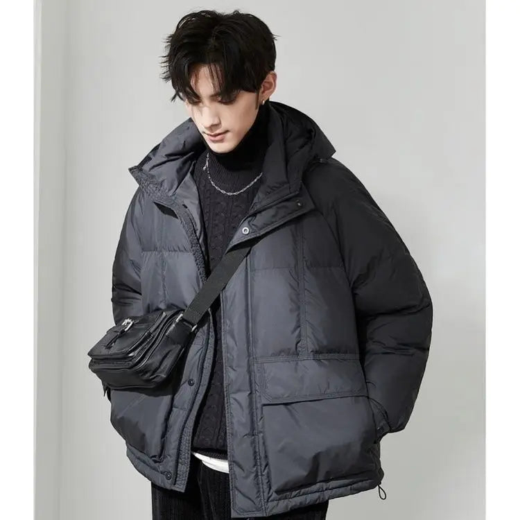 Solid Color Down Jackets Men's Short Style 2025 Winter New Loose Hooded Coats Male Lightweight White Duck Down Overcoats W765