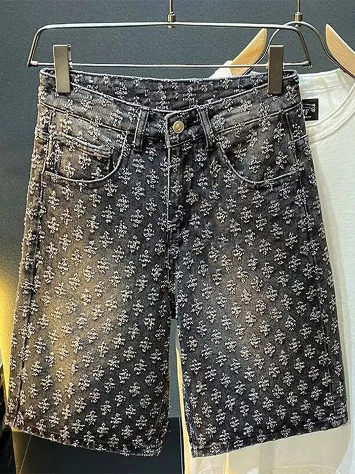 2025 Summer New American men's fashion ripped denim shorts, loose straight-leg casual mid-parted denim shorts ATFH