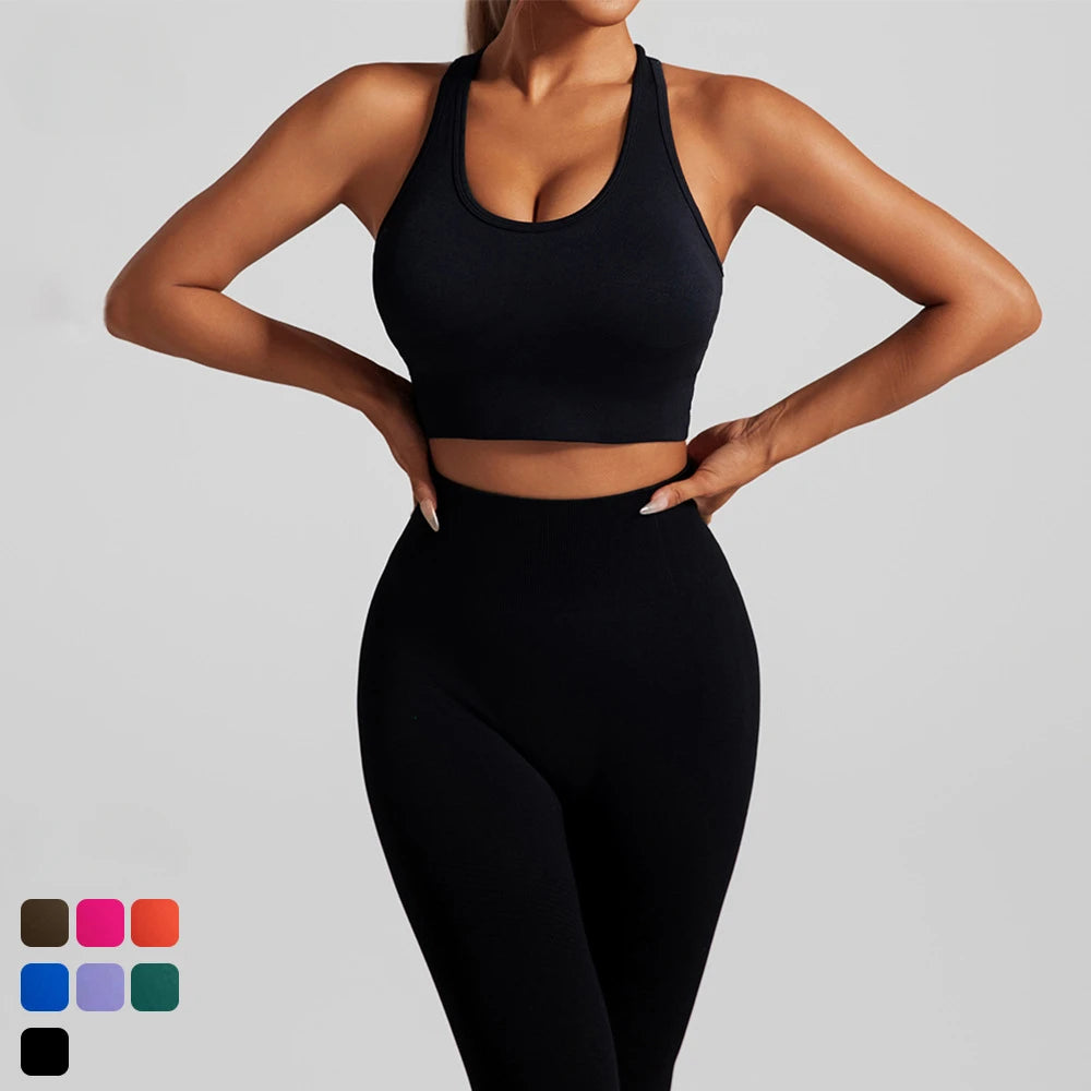 Seamless Yoga Set Two Piece Set Womens Outifits Workout Gym Set Fitness Clothing Tracksuit Backless Crop Top Leggings Sport Suit - ATFH