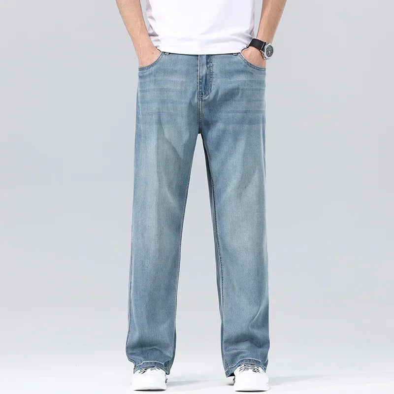 Men's Loose Jeans Summer Fashion Drape Soft Fabric Ultra Thin Pants Wide Legs Ice Silk Lyocell Business Straight Denim Trousers ATFH