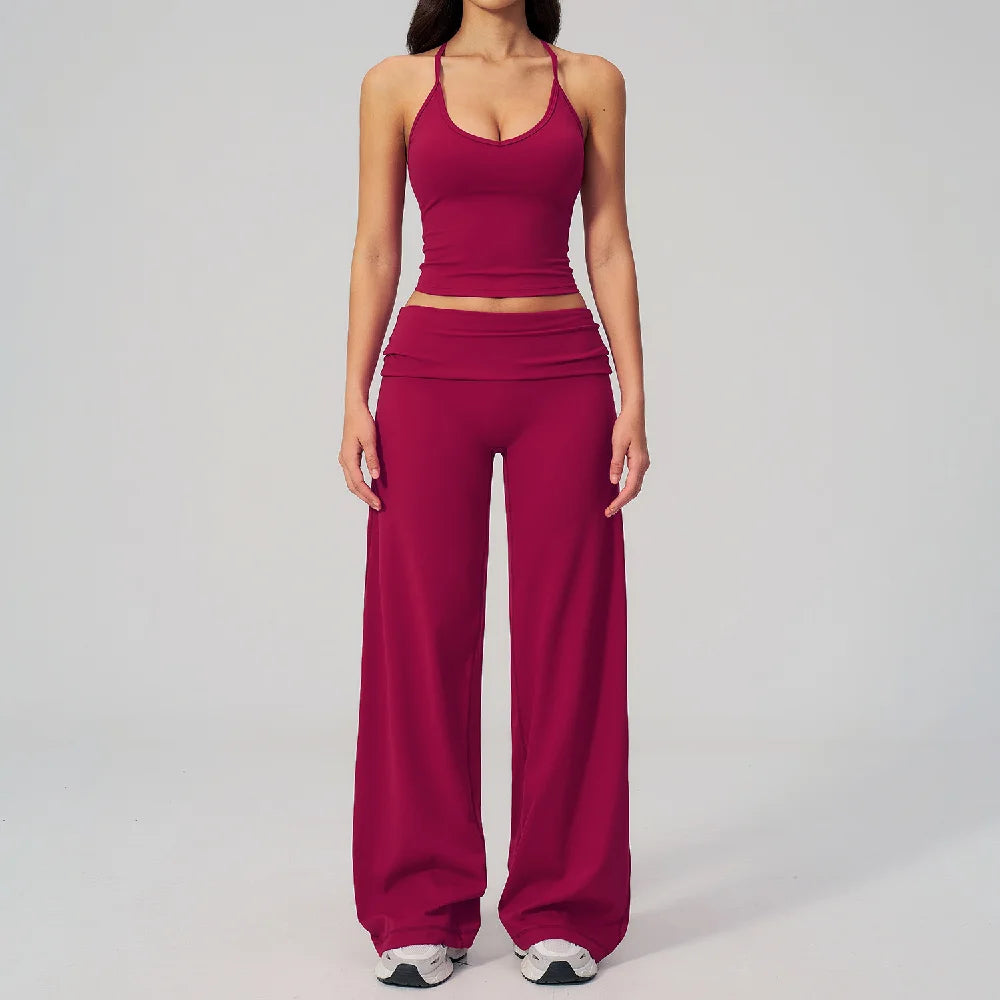 2PCS Fitness Suit Gym Tracksuits Deep V Yoga Bra Athletic Wear Female High Waist Workout Flared Pants Sports Set Yoga Clothes