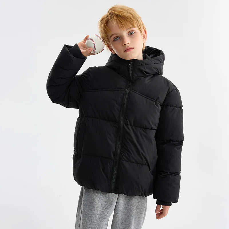 Winter Boys Girls Cotton Down Jacket Solid Windproof Thick Warm Hooded Mid-length Coat for 3-10 Years Kids Casual Outerwear