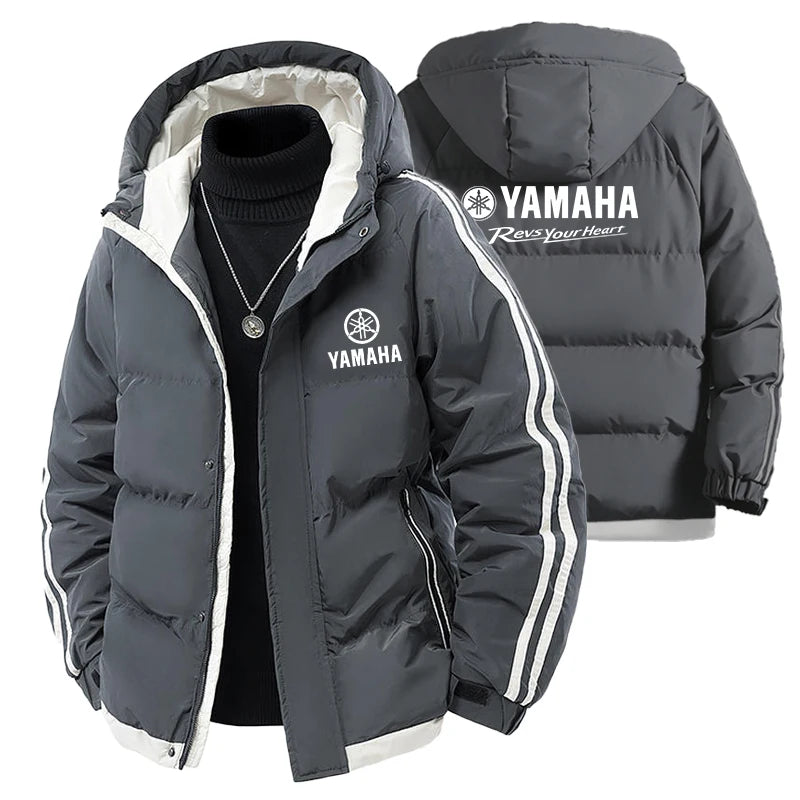 Yamaha's new men's hooded thick winter warm-up cotton coat for outdoor fashion, casual and sporty wear with zipper. Men's coat.