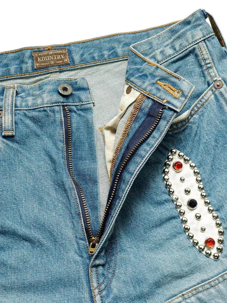 KAPITAL Japan 23SS New Blue-dyed Vintage Washed Loose-fitting Studded Gem Denim Shorts for Men ATFH