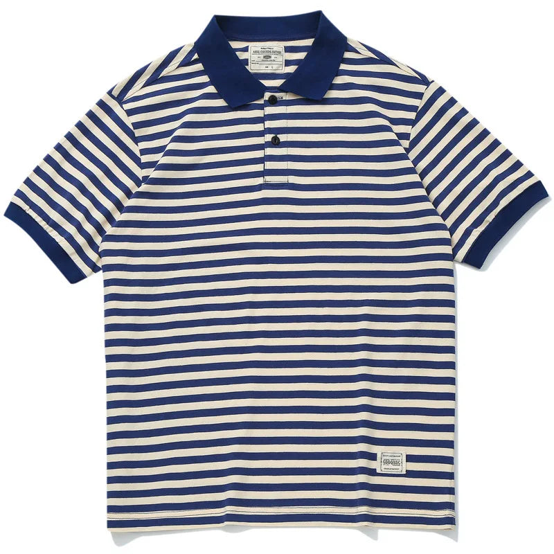 Summer Lapel T-shirt Amekaji Retro Breton Stripe Shirt Pure Cotton Short Sleeve Striped Men's Polo Shirt American Vintage Casual