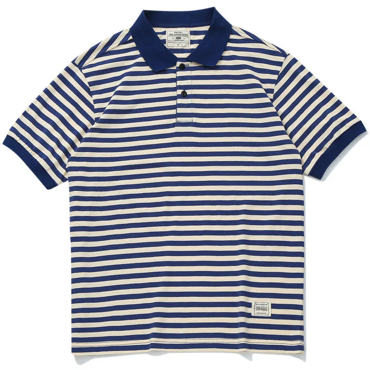 Summer Lapel T-shirt Amekaji Retro Breton Stripe Shirt Pure Cotton Short Sleeve Striped Men's Polo Shirt American Vintage Casual