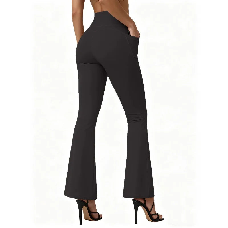 High Waisted Flared Yoga Leggings Women Butt Lifting with Pocket Design Wide Leg Leggings Running Tights Plus Size Gym Pants ATFH