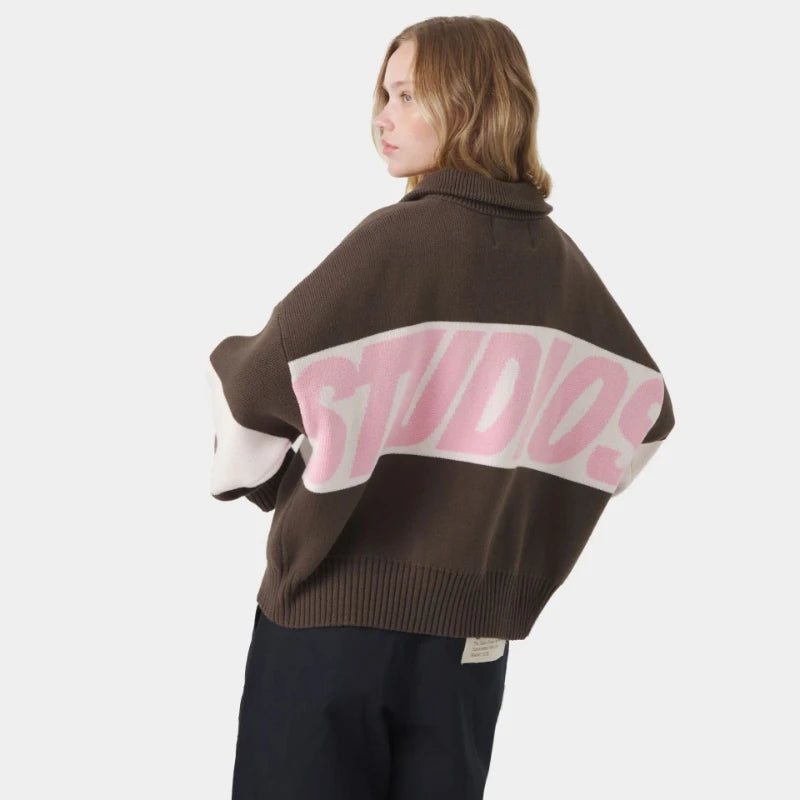 2026 Retro Spliced Zipper Knitted Sweater Women Fashion Stand Collar Long Sleeve Loose Short Cardigan Lady Y2k Letter Knitwear - ATFH