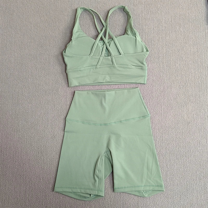 2 Pieces Yoga Set Gym Sports Shorts Set Women Cross Back Bra Top High Waist Shorts Fitness Suit Running Workout Tracksuit - ATFH