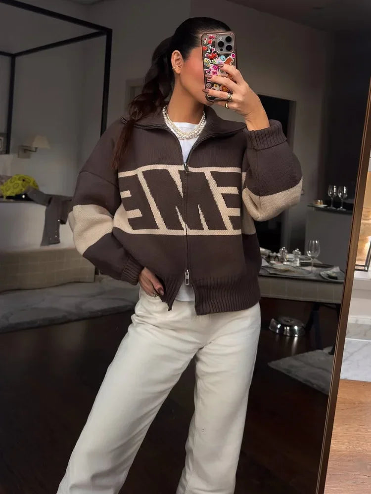 2026 Letter Printed Sweater Zipper Coats Women Elegant Stand Collar Lantern Long Sleeve Loose Fitting Cardigan Chic - ATFH