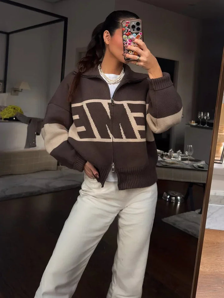 2026 Letter Printed Sweater Zipper Coats Women Elegant Stand Collar Lantern Long Sleeve Loose Fitting Cardigan Chic - ATFH