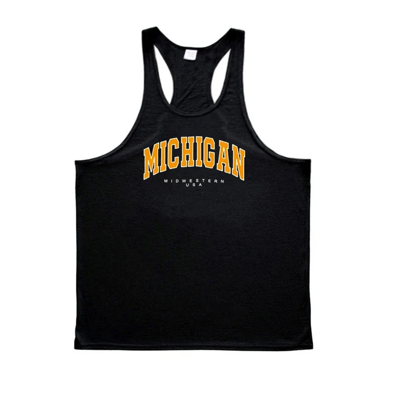 Michigan Midwestern USA Print Sport Tank Tops Mens Fitness Y-Back Cotton Sleeveless Shirt Gym Bodybuilding Muscle Stringer