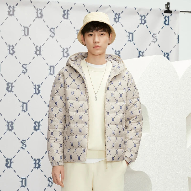 Monogram Print Down Jacket Men Hooded Streetwear Elastic Cuff Warm Winter Puffer Coat Bosideng Big Size Jacket for Men