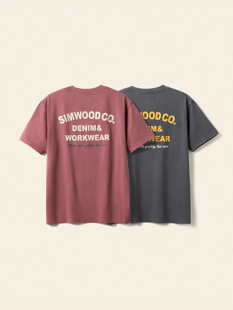 SIMWOOD Summer New 260gsm 100% Cotton Fabric Washed Vintage Letter Print T-shirts Men Plus Size Tops - ATFH