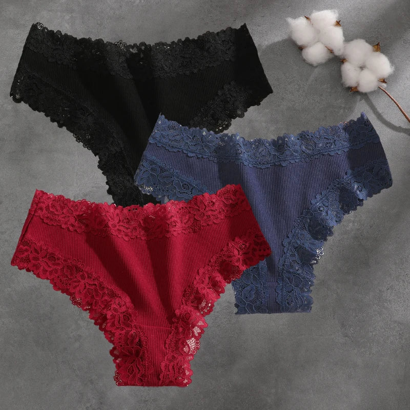 3Pcs Cotton Lace Patchwork Bikini Panties Women Seamless Floral Print Brazilian Pants Low Waist Breathable Female Sexy Lingerie
