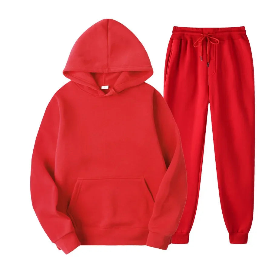 Autumn/Winter New Men's Solid Color Hoodie+Sports Pants Two Piece Outdoor Casual Fashion Loose Large Sports Set - ATFH