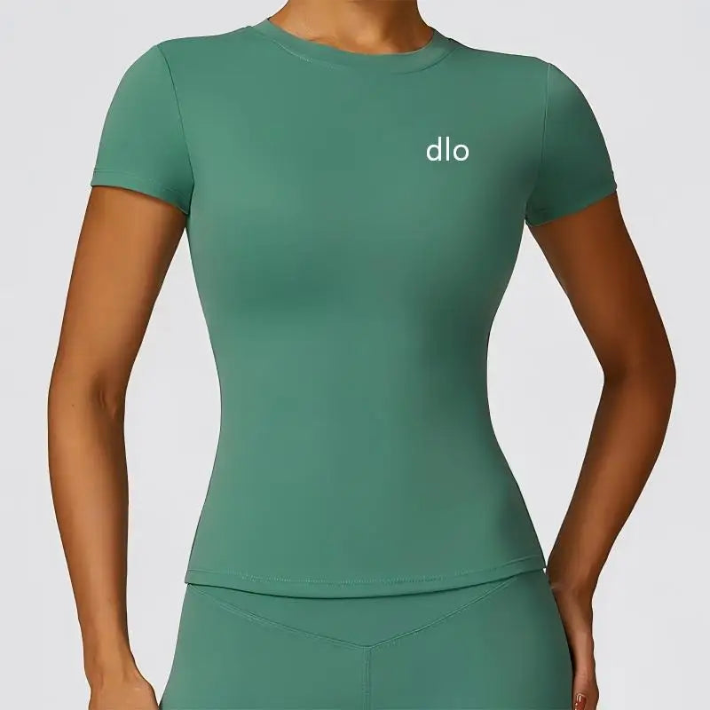 Yoga clothing women's running sports T-shirt summer short sleeved round neck breathable elastic gym yoga slimming sports top - ATFH