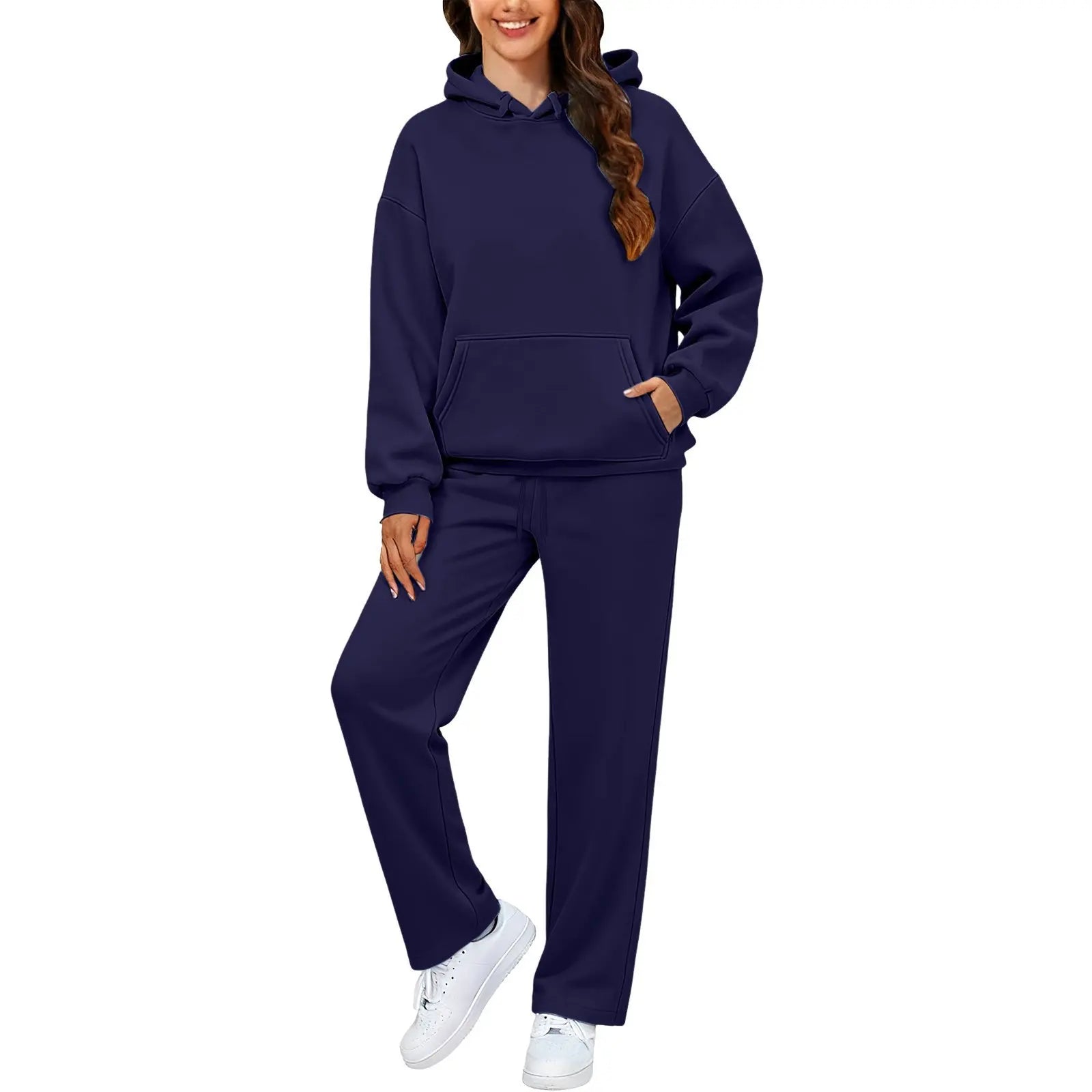 Autumn Winter Women Hoodie+Wide Leg Pants Two Pieces Casual Fleece Loose Long Sleeve Tracksuit Comfortable Sports Women Suit