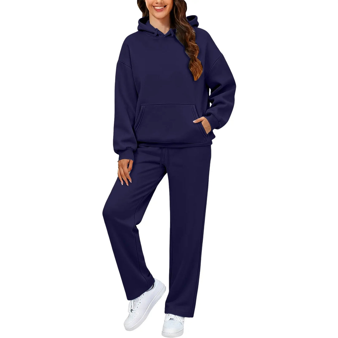Autumn Winter Women Hoodie+Wide Leg Pants Two Pieces Casual Fleece Loose Long Sleeve Tracksuit Comfortable Sports Women Suit