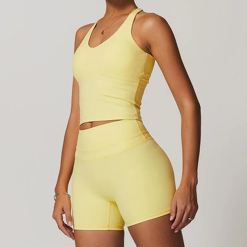 Sports Vest + Shorts 2PCS Set Gym Workout Leggings Yoga Sets Sportswear Women Fitness Outfit Running Bra Sets Womens Yoga Suit - ATFH
