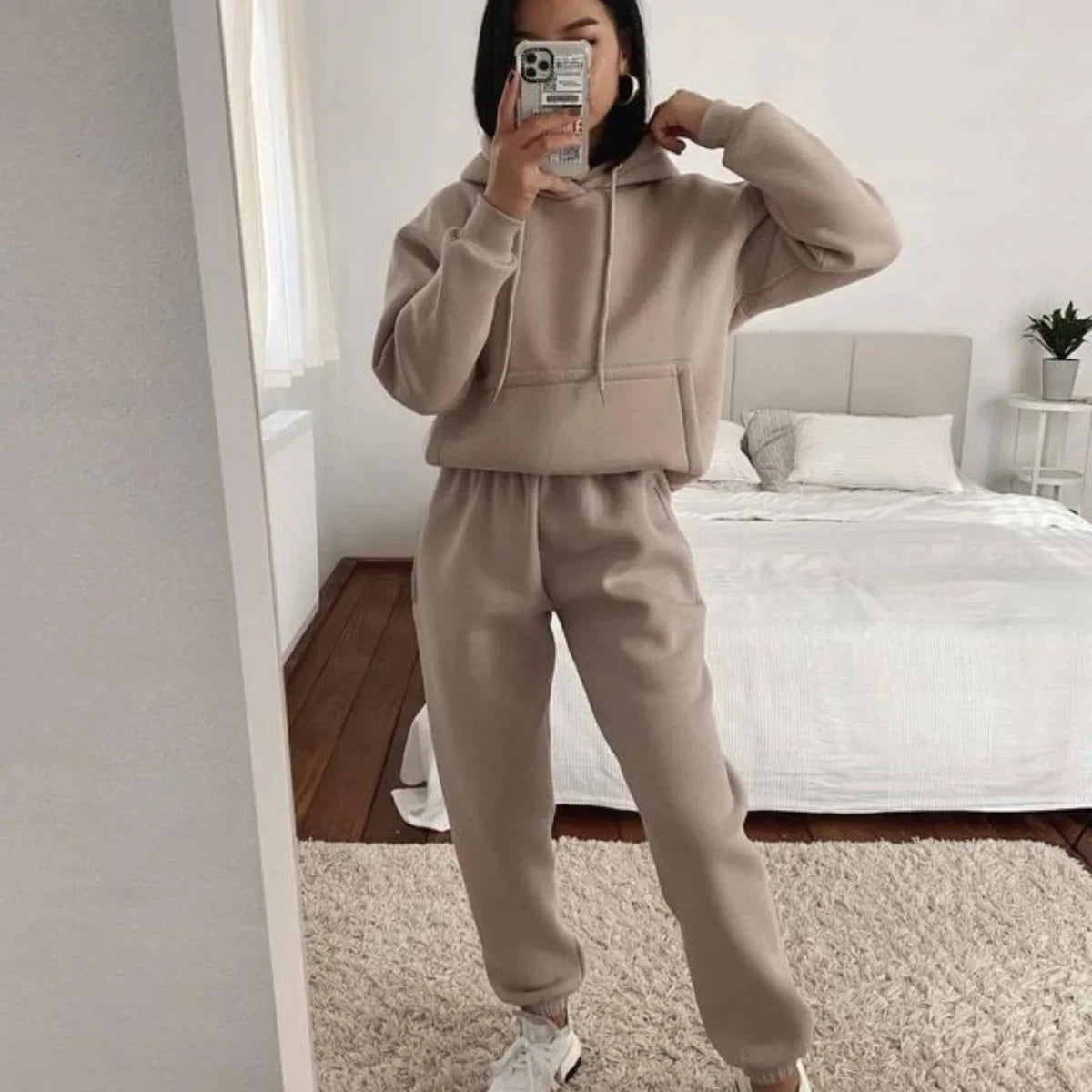Women's Hooded Long Sleeved Pocket Sweatshirt Solid Color Sports Set Two-piece Set 2024 Autumn/winter