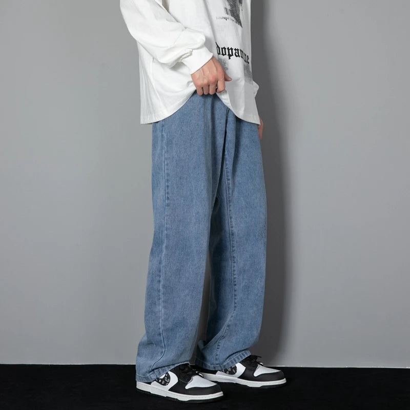 2026 New Korean Men's Casual Long Jeans Classic Man Straight Denim Wide-leg Pants Solid Color Light Blue Grey Black ATFH