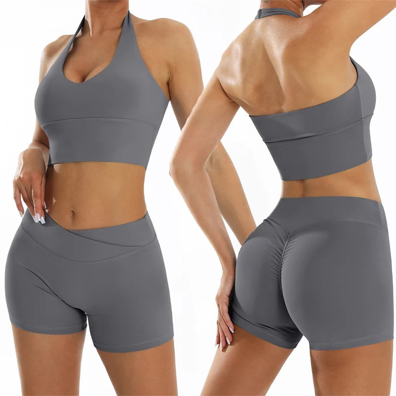 Sexy Yoga Shorts Set Fitness Suits For Women Sportswear Summer Scrunch Sports Outfits Quick-Dry Breathable Gym Workout Clothes - ATFH